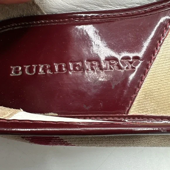 Burberry Nova Check Ballet Flat Burgundy Patent Cap Toe Rubber Bumper EU 35 US 5